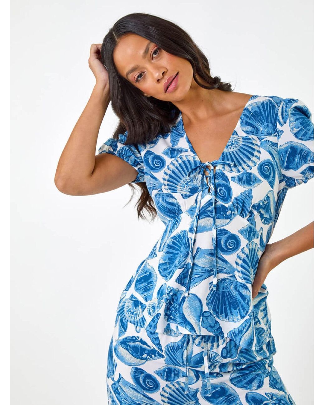 Roman Blue Muschel-Print V-Ausschnitt Bindungsshirt