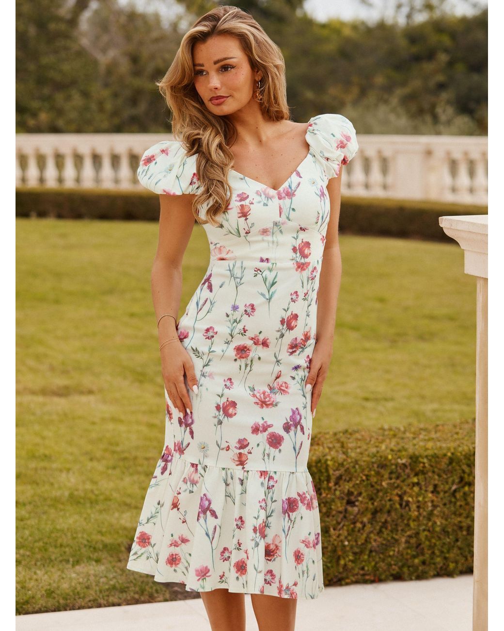 Lipsy Floral Puff Sleeve V-Neck Peplum Hem Bodycon Midi Dress in Natural