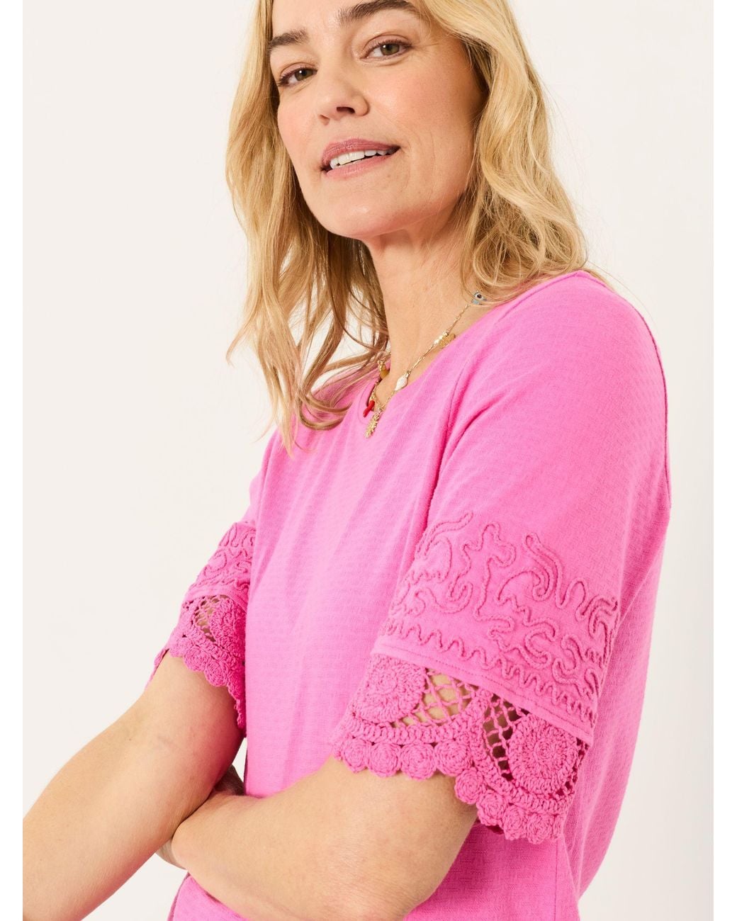FatFace Pink Chloe Crochet Detail T-Shirt