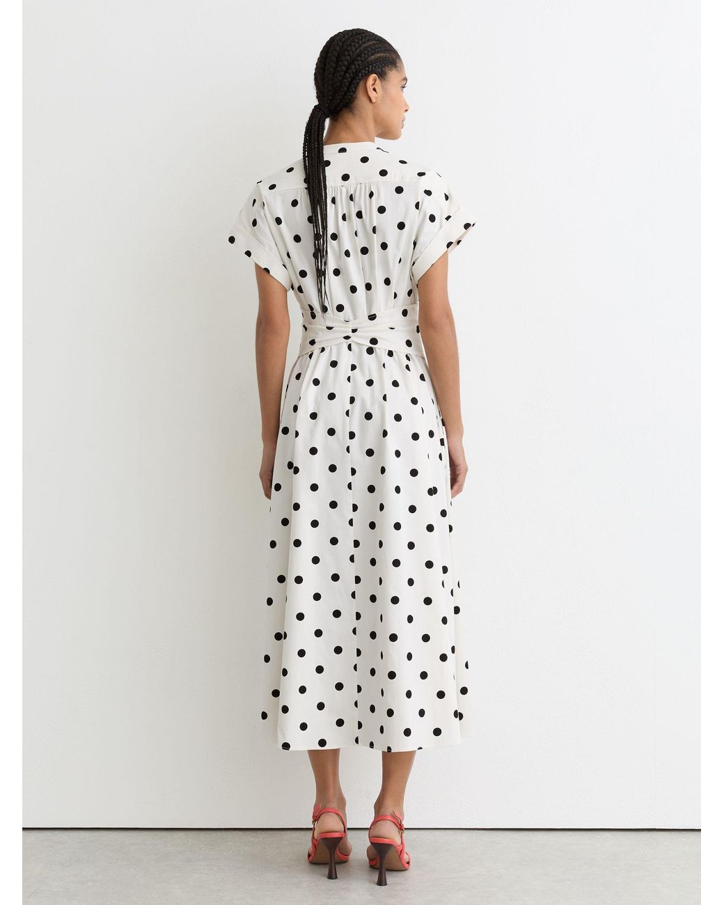 Reiss Cotton Polka-Dot Belted Midi Dress With Stretch in White