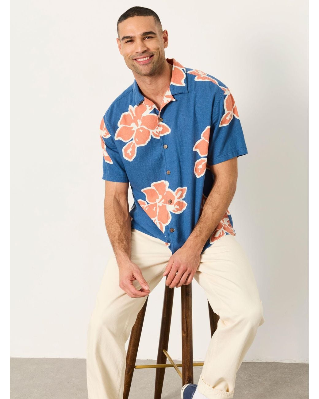FatFace Blue Short Sleeve Relaxed Fit Large Hawaiian Floral Shirt for men