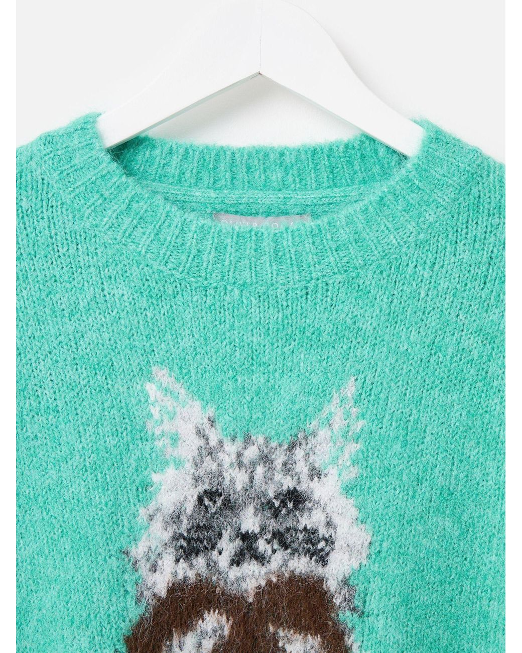Oliver Bonas Green Cat Crew Neck Knitted Jumper