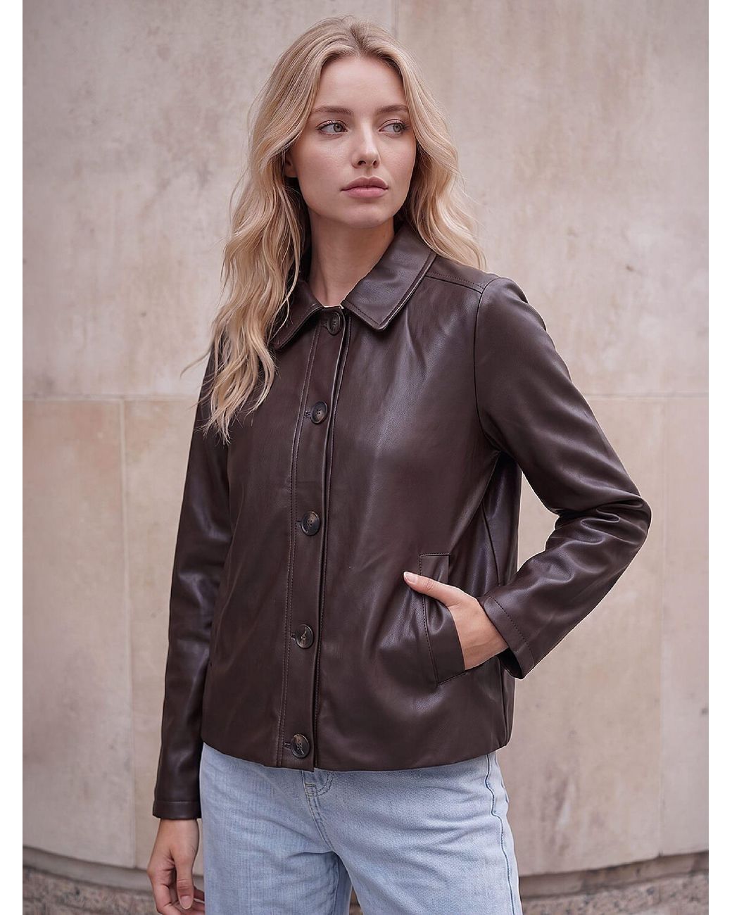 Roman Brown Petite Pu Button Jacket