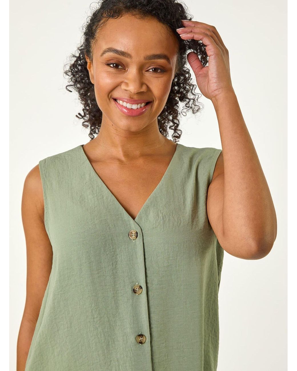 Roman Green Buttoned Sleeveless Blouse