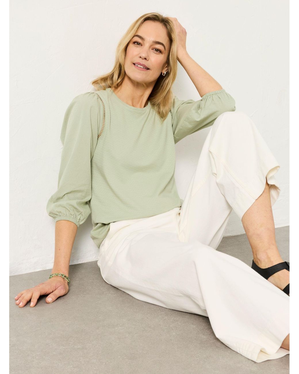 FatFace Green Cassie Woven Jersey Mix Top