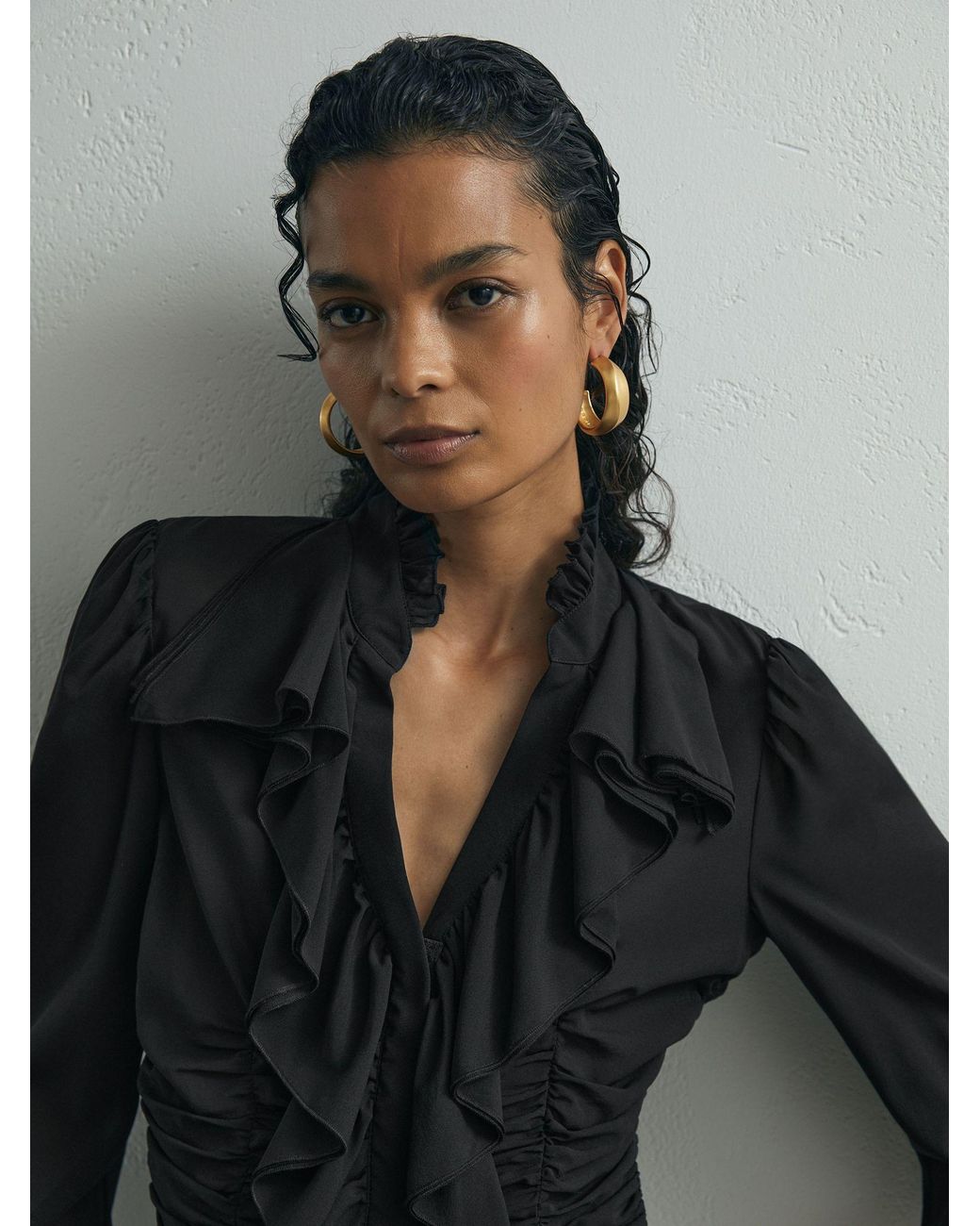 ATELIER Black Silk-Blend Ruffled Blouse