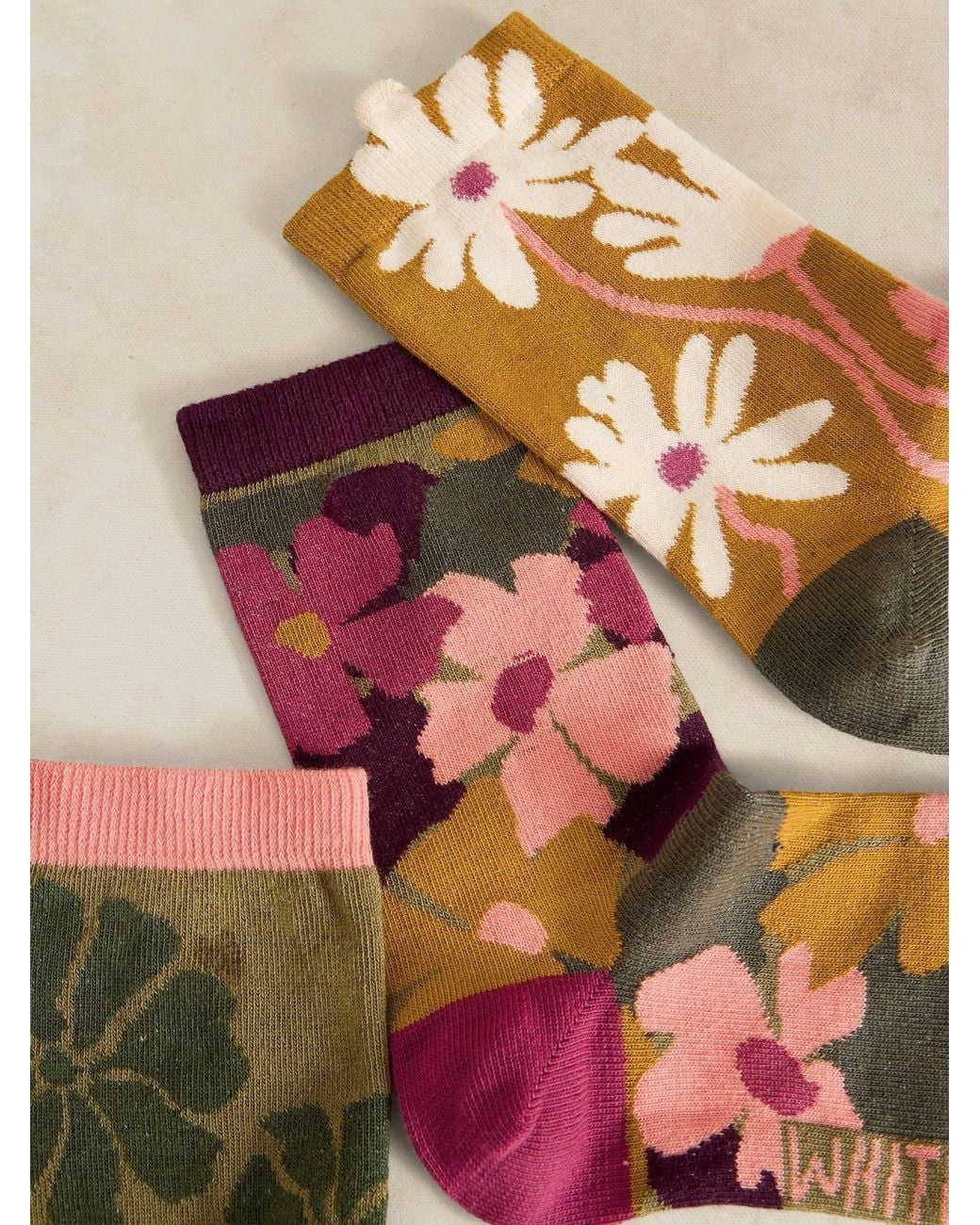 White Stuff Natural Floral Texture Ankle Socks 3 Pack
