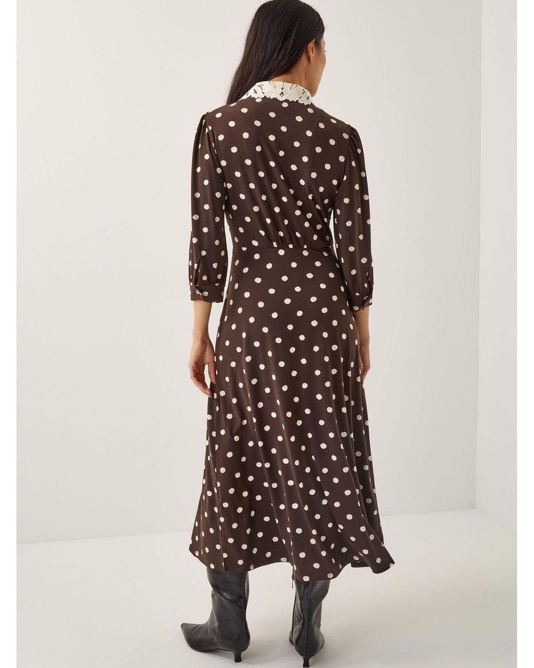 monsoon brown dress Buy Monsoon Brown Paris Polka Dot Jersey Cropped Sleeve Midi Dress with Floral Lace Collar from Next USA