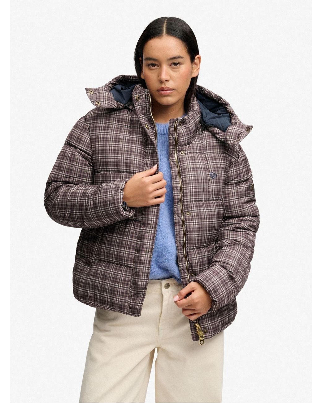 Superdry Gray Printed Check Premium Hooded Puffer Jacket