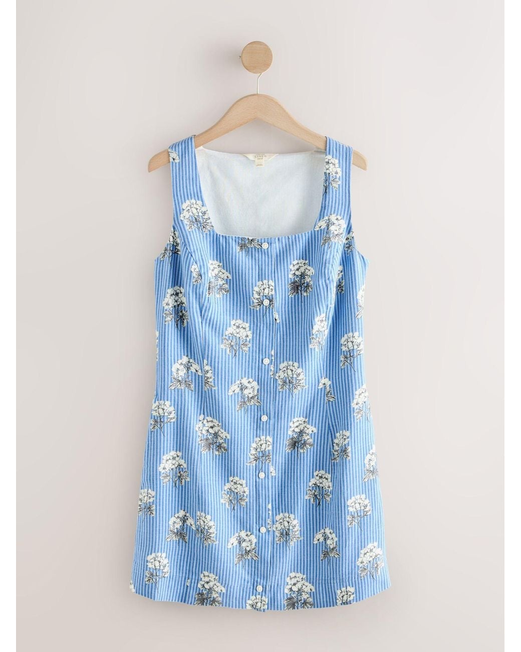 Next Blue Linen Rich Square Neck Button Through Mini Shift Dress