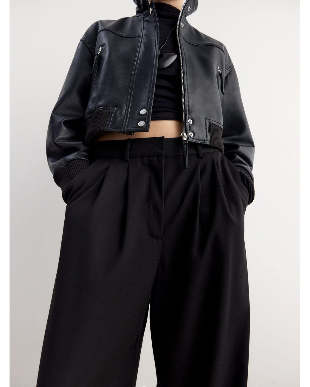 BHOEM Black Real Leather Biker Crop Jacket
