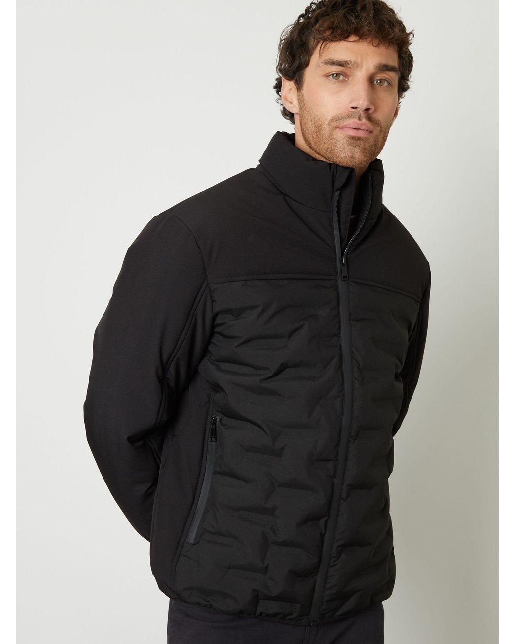 Threadbare Black Quilted Panel Funnel Neck Jacket for men