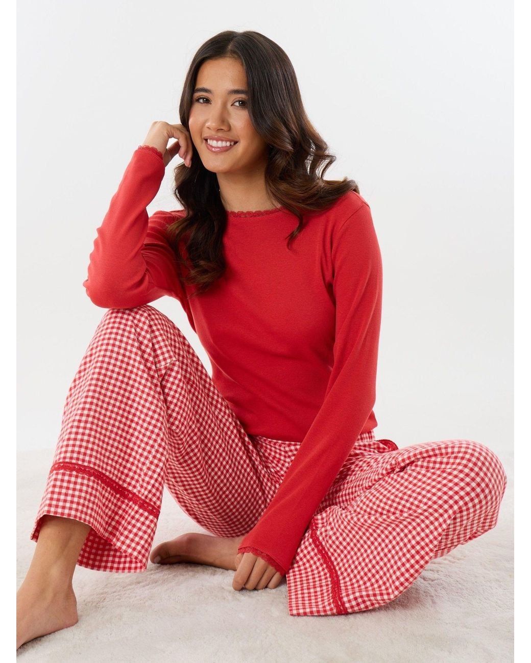 Threadbare Red Cotton Round Neck Pyjamas