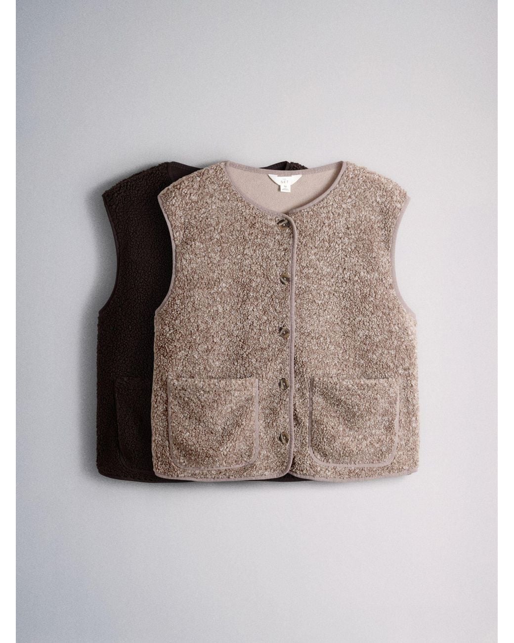 The Set Brown 2 Pack Borg Button Giletes/Oat Marl