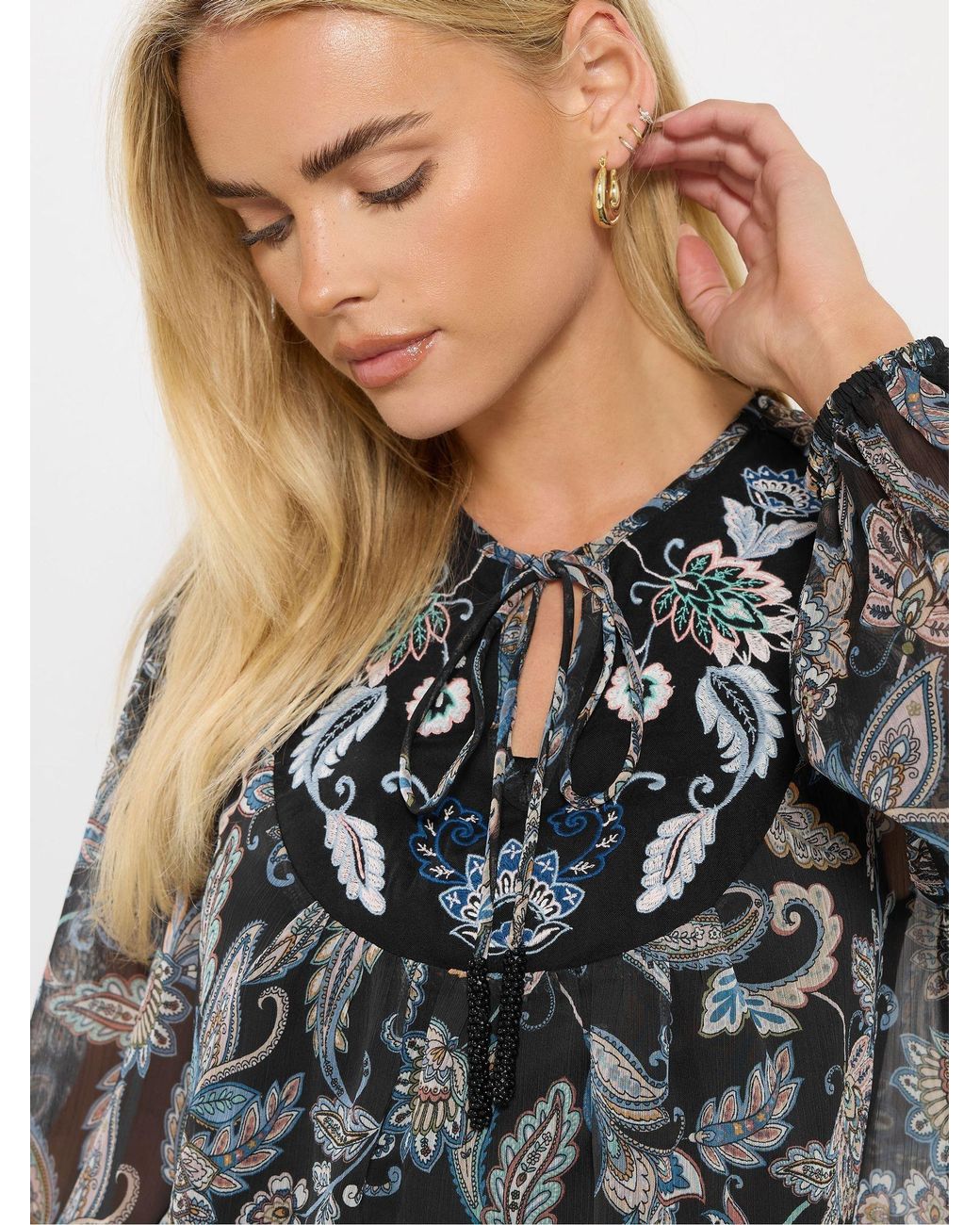 M Com Gray Petite Embroidered Boho Blouse
