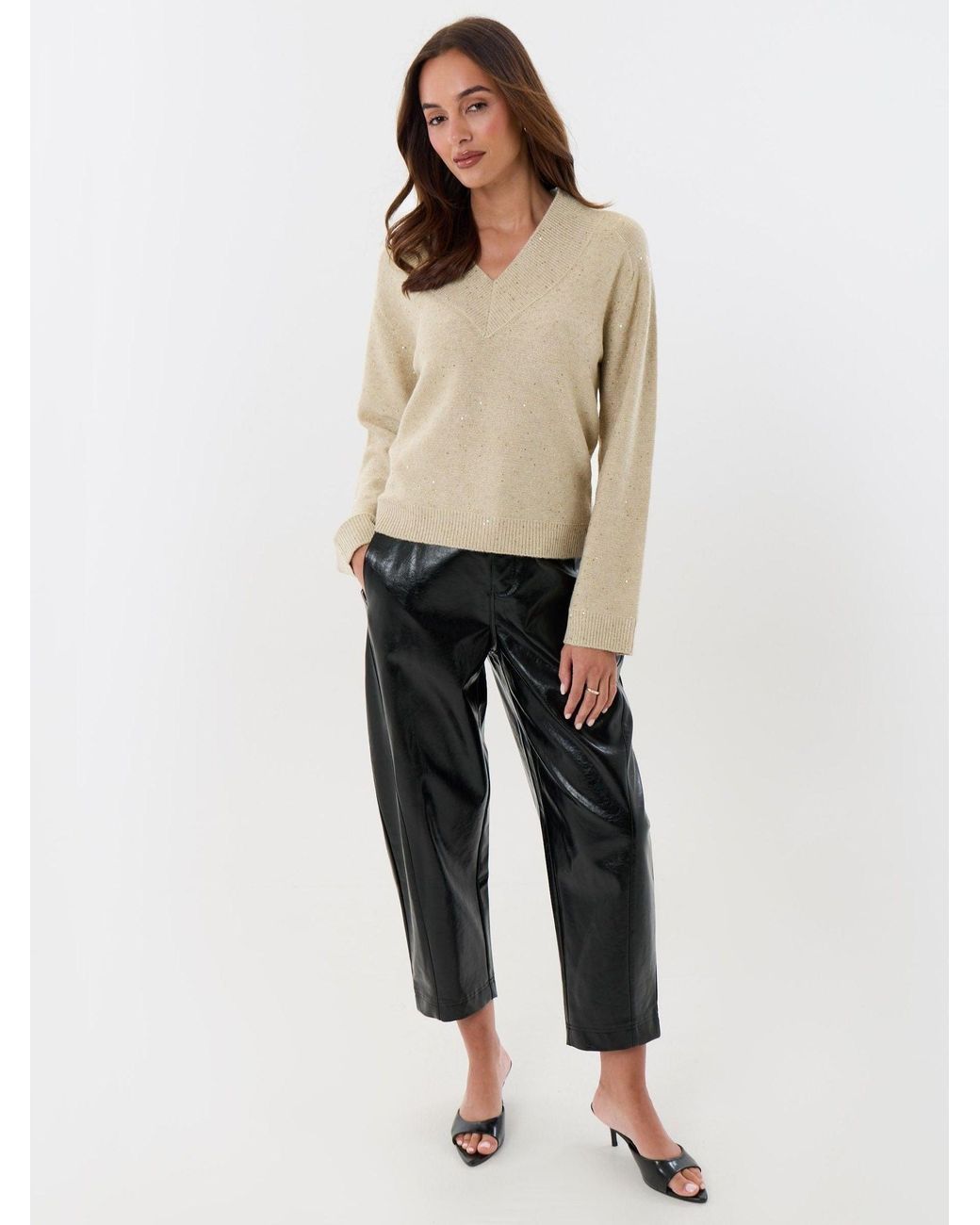 Threadbare Natural Sequin V-Neck Knitted Jumper