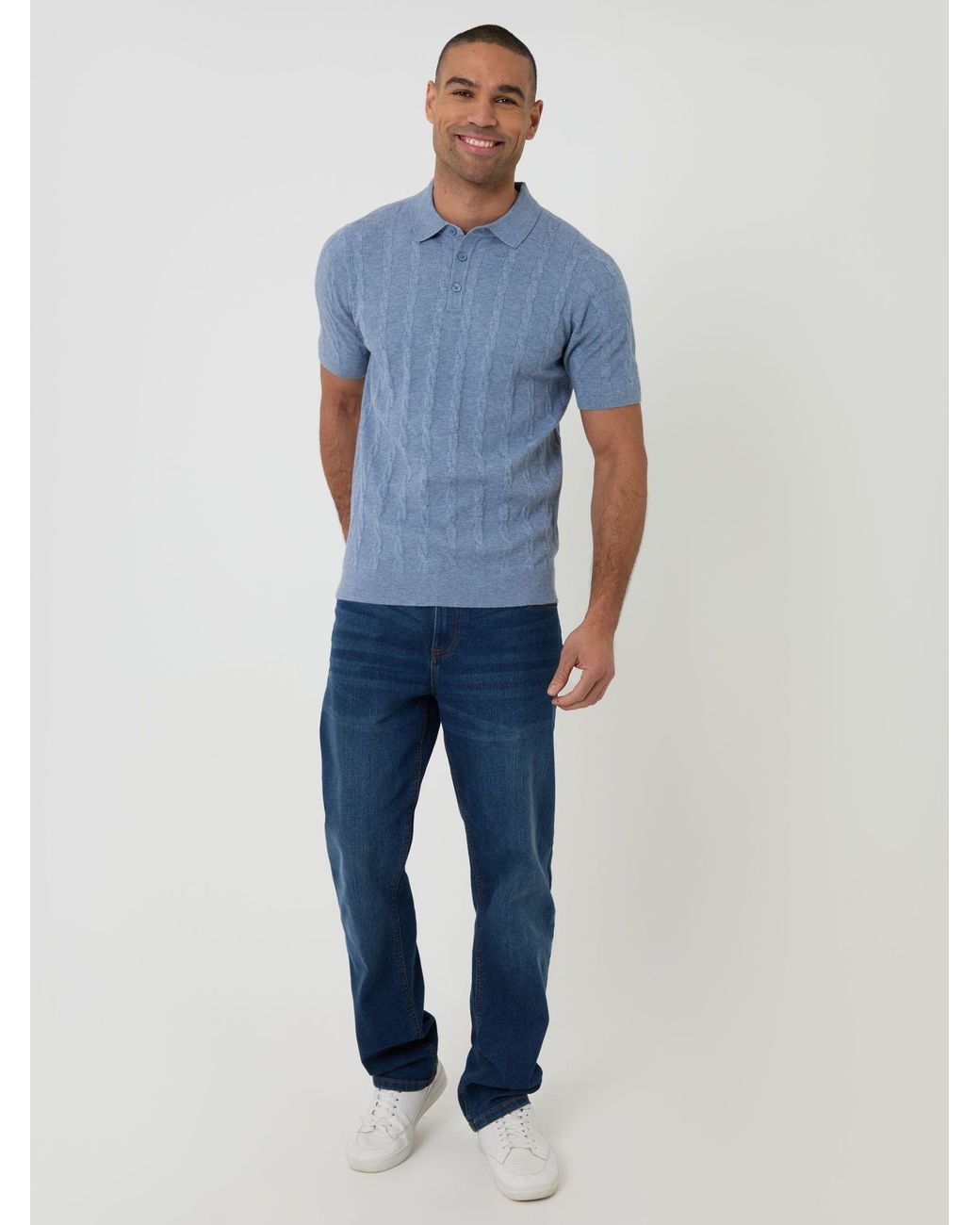 Threadbare Blue Cable Stripe Knitted Button Polo Shirt for men