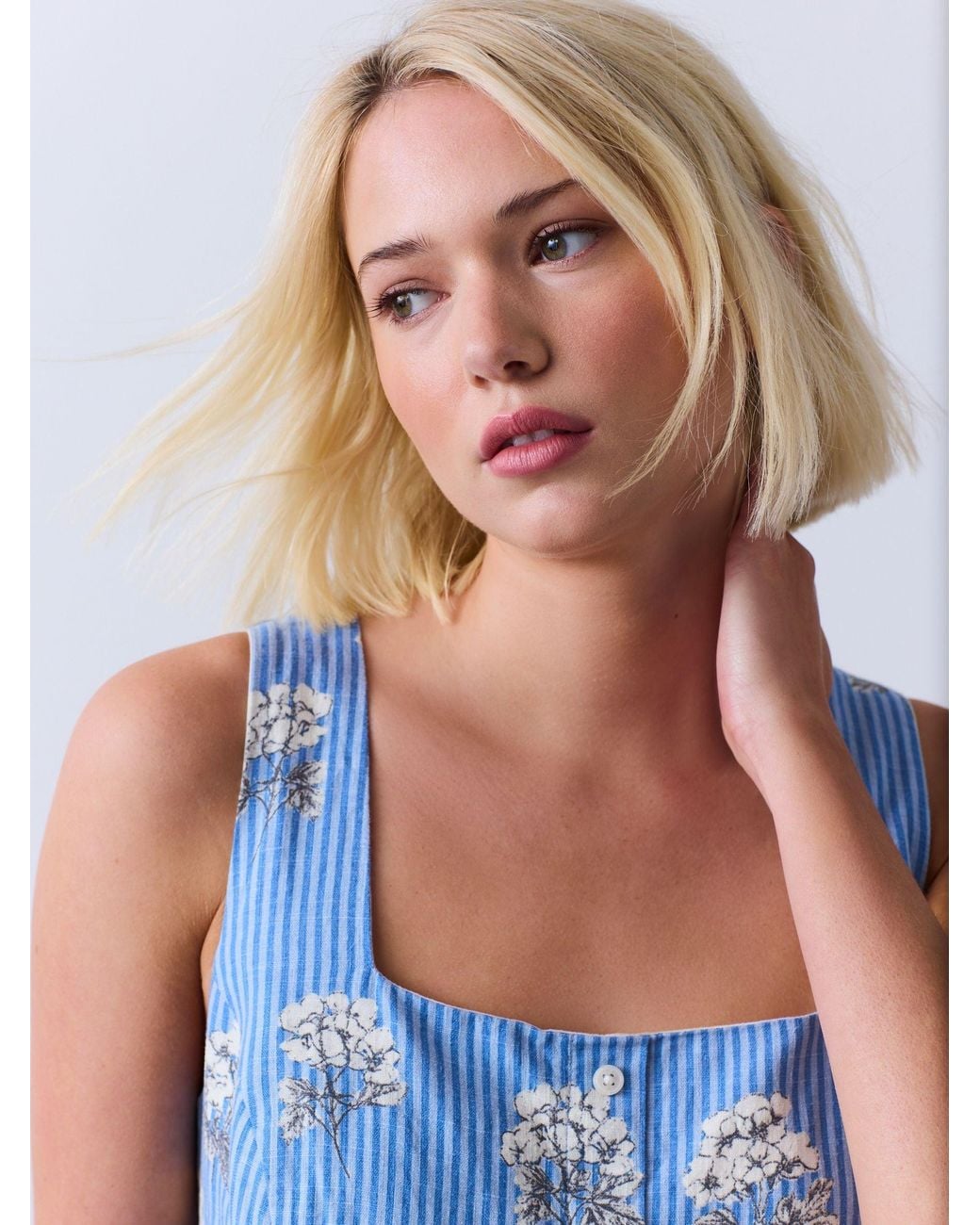 Next Blue Linen Rich Square Neck Button Through Mini Shift Dress