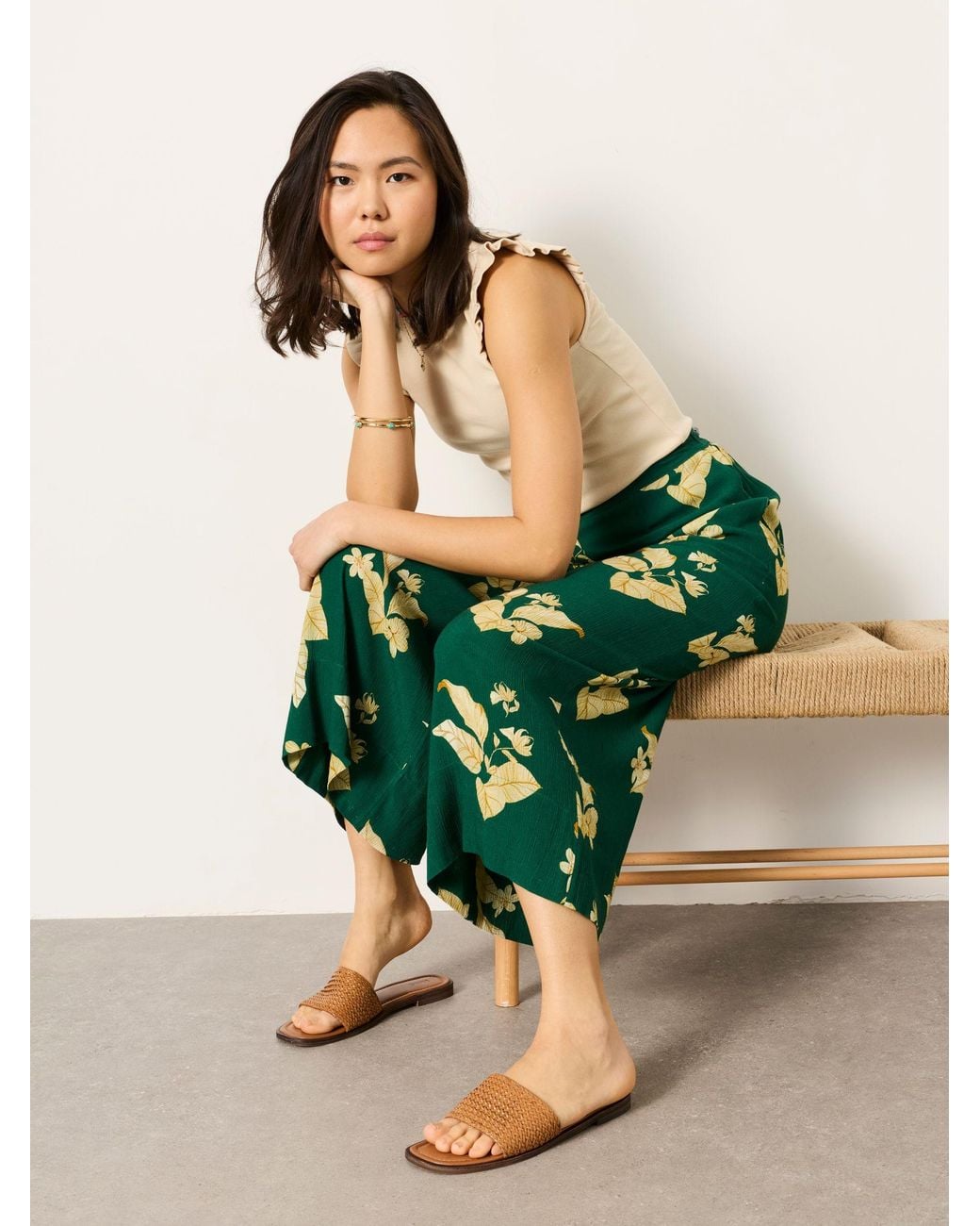 FatFace Green Eliza Wide Leg Cropped Trouser