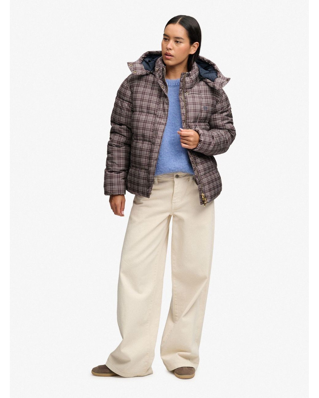 Superdry Gray Printed Check Premium Hooded Puffer Jacket