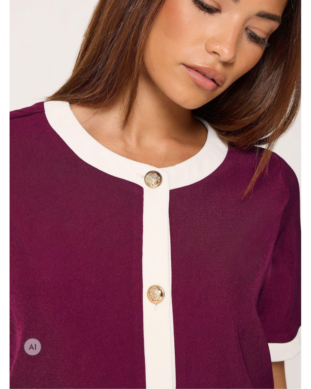 PixieGirl Petite Purple Contrast Short Sleeve Button Blouse