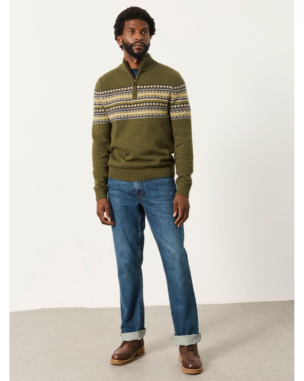 FatFace Green Selkirk Pattern Quarter Zip Knitted Jumper for men