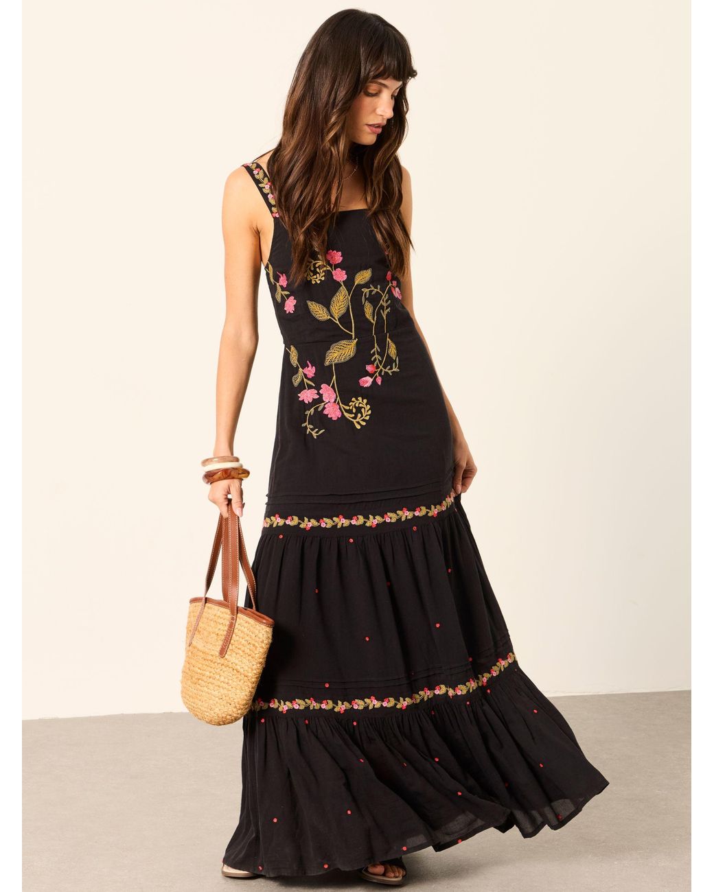 FatFace Black Gia Petite Embroidered Maxi Dress