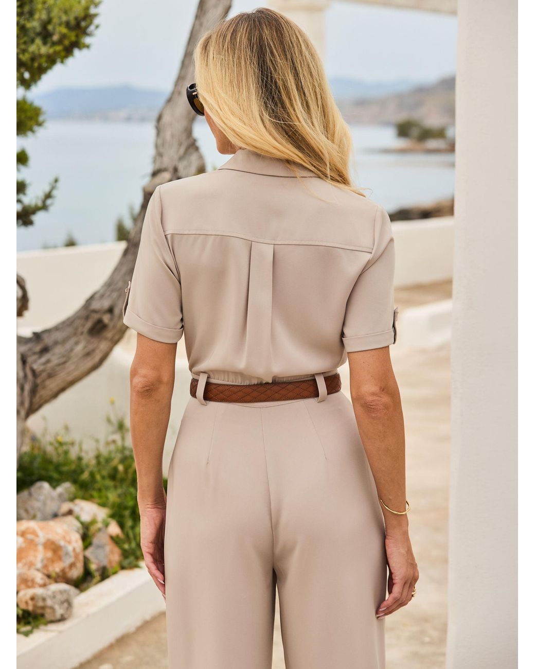 Sosandar Natural Belted Button Front Utility Jumpsuit