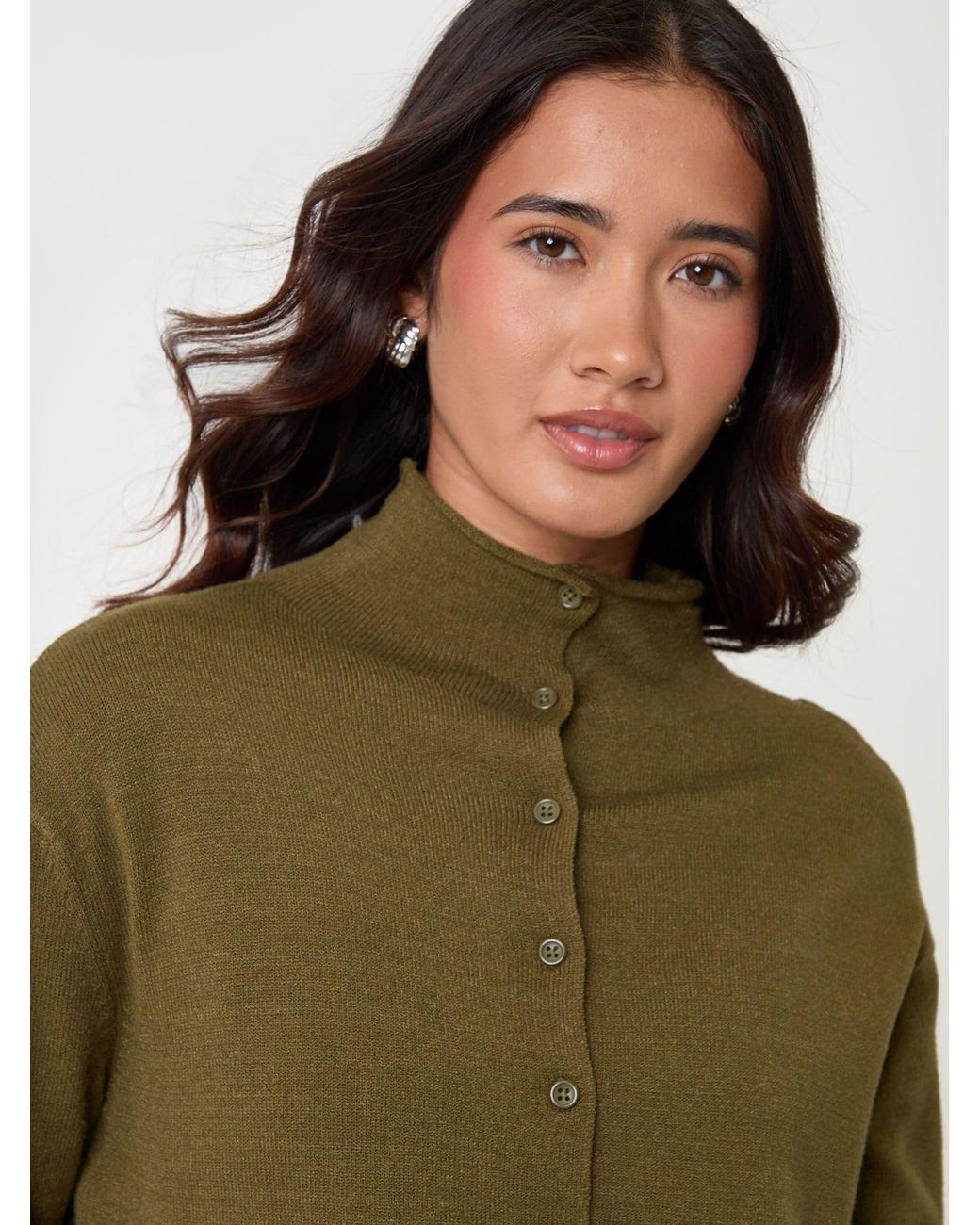 Threadbare Green Compact Knit Funnel Neck Cardigan