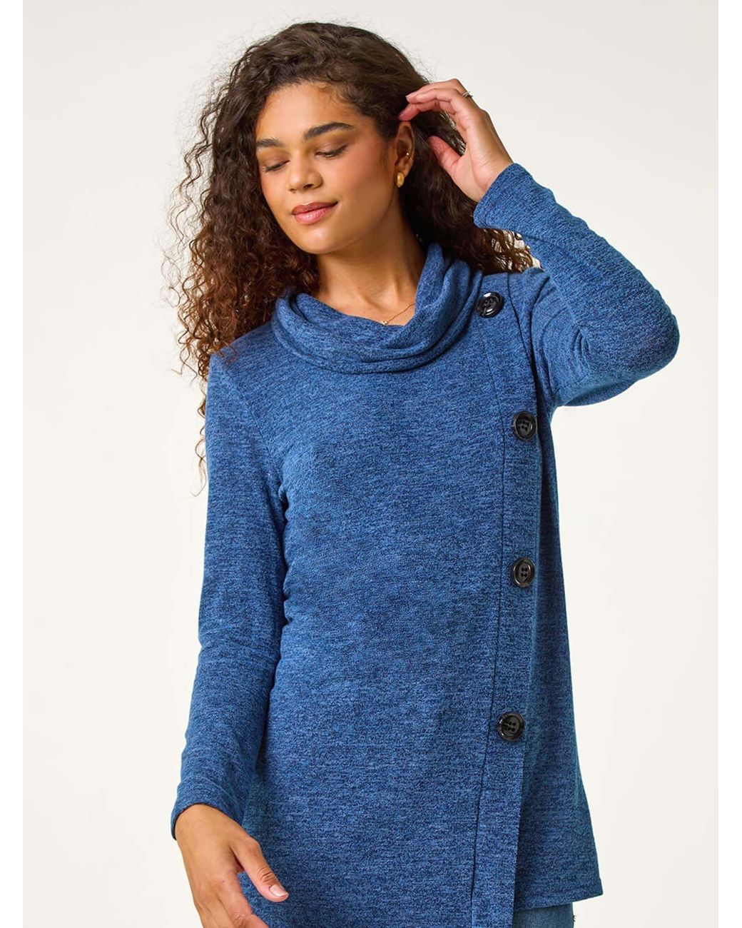 Roman Blue Cowl Neck Buttoned Top