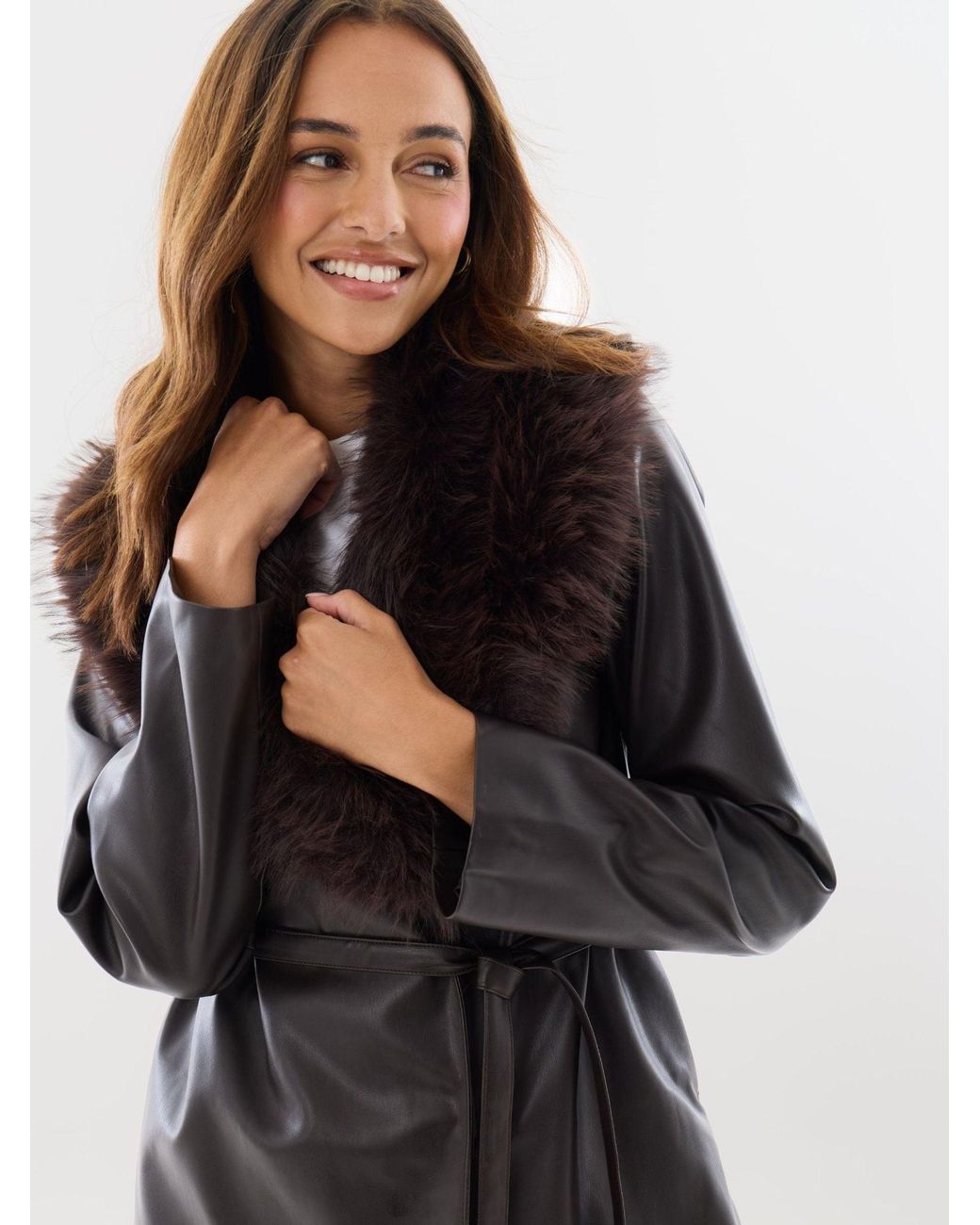 Threadbare Black Belted Faux Fur Collar Jacket
