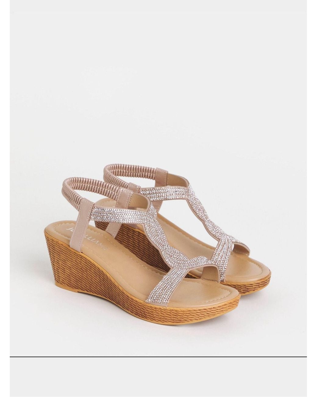JD Williams Natural Rose Extra Wide Fit Sparkly T Bar Pattern Wedge Sandals
