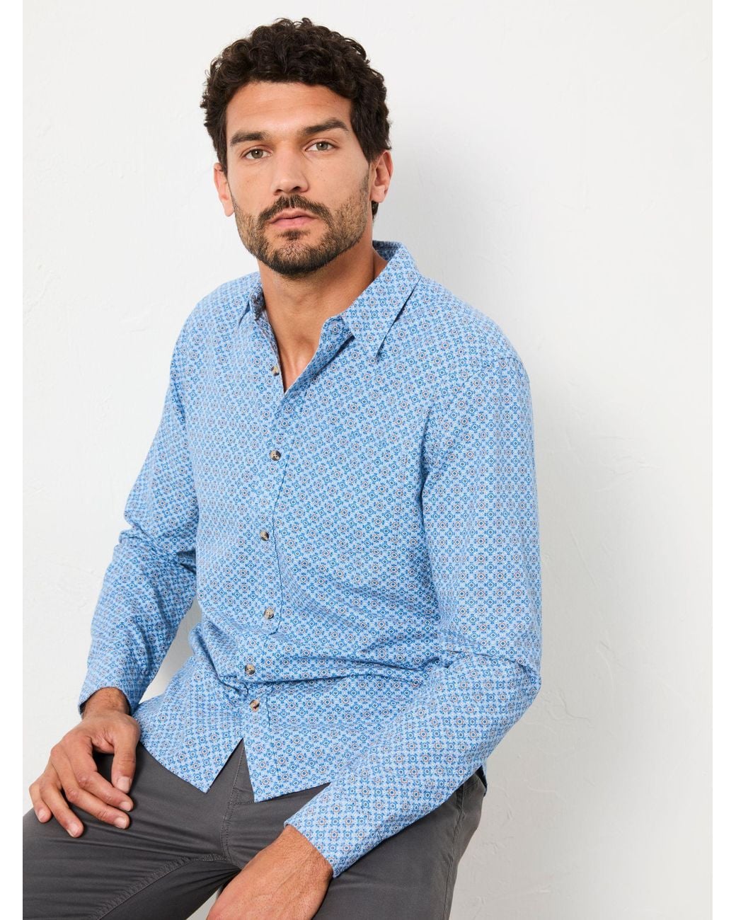 FatFace Blue Long Sleeve Geo Tile Print Shirt for men