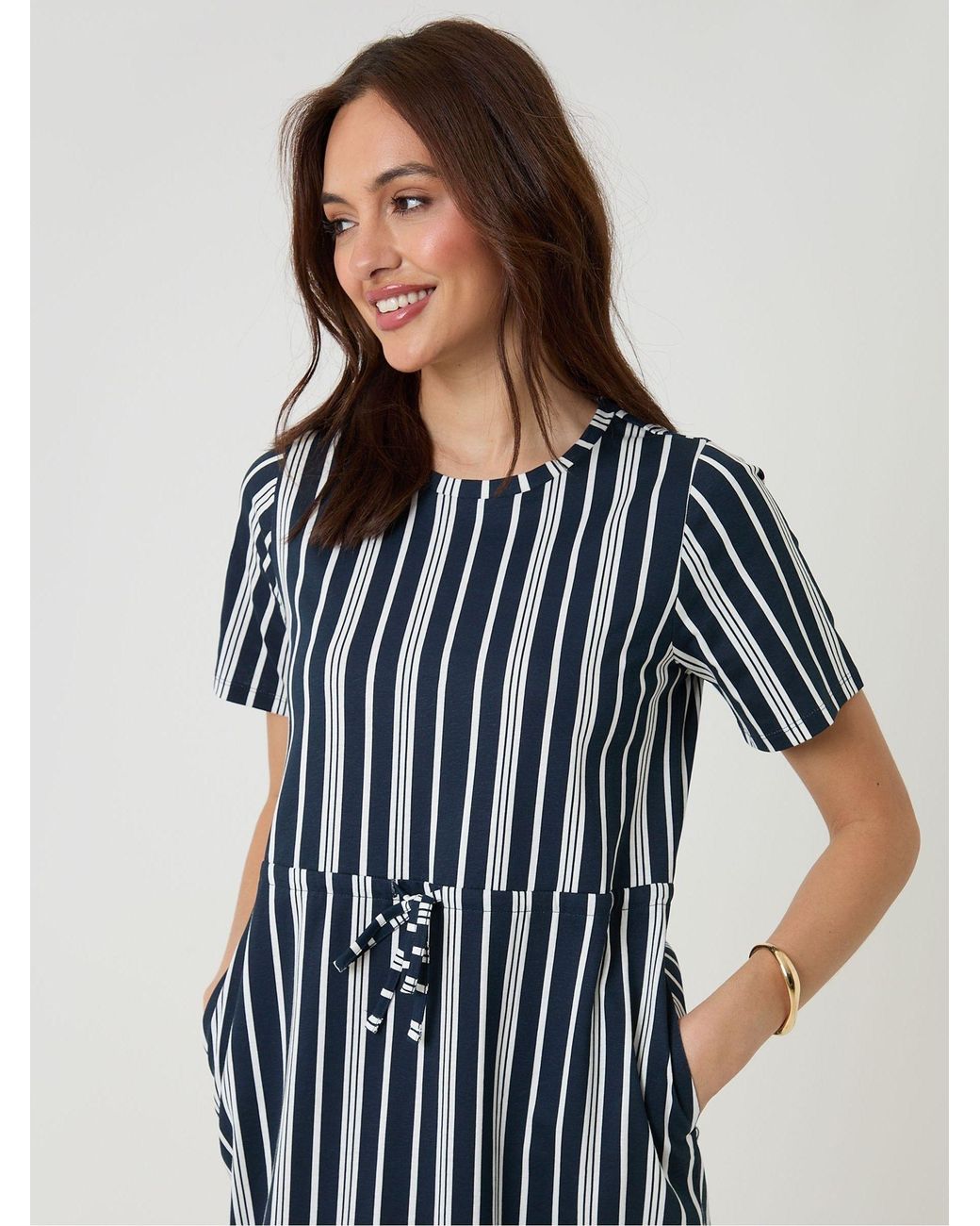 Threadbare Blue Drawstring Waist Side Split 100% Cotton Jersey Midi Dress