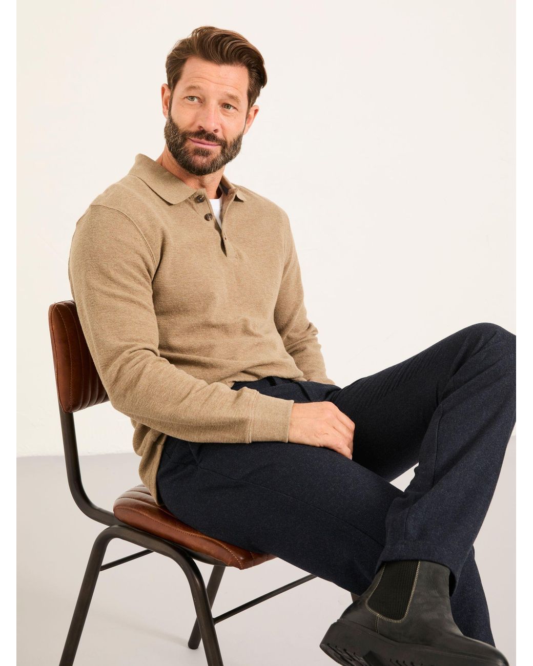 FatFace Natural Shawford Long Sleeve Polo for men