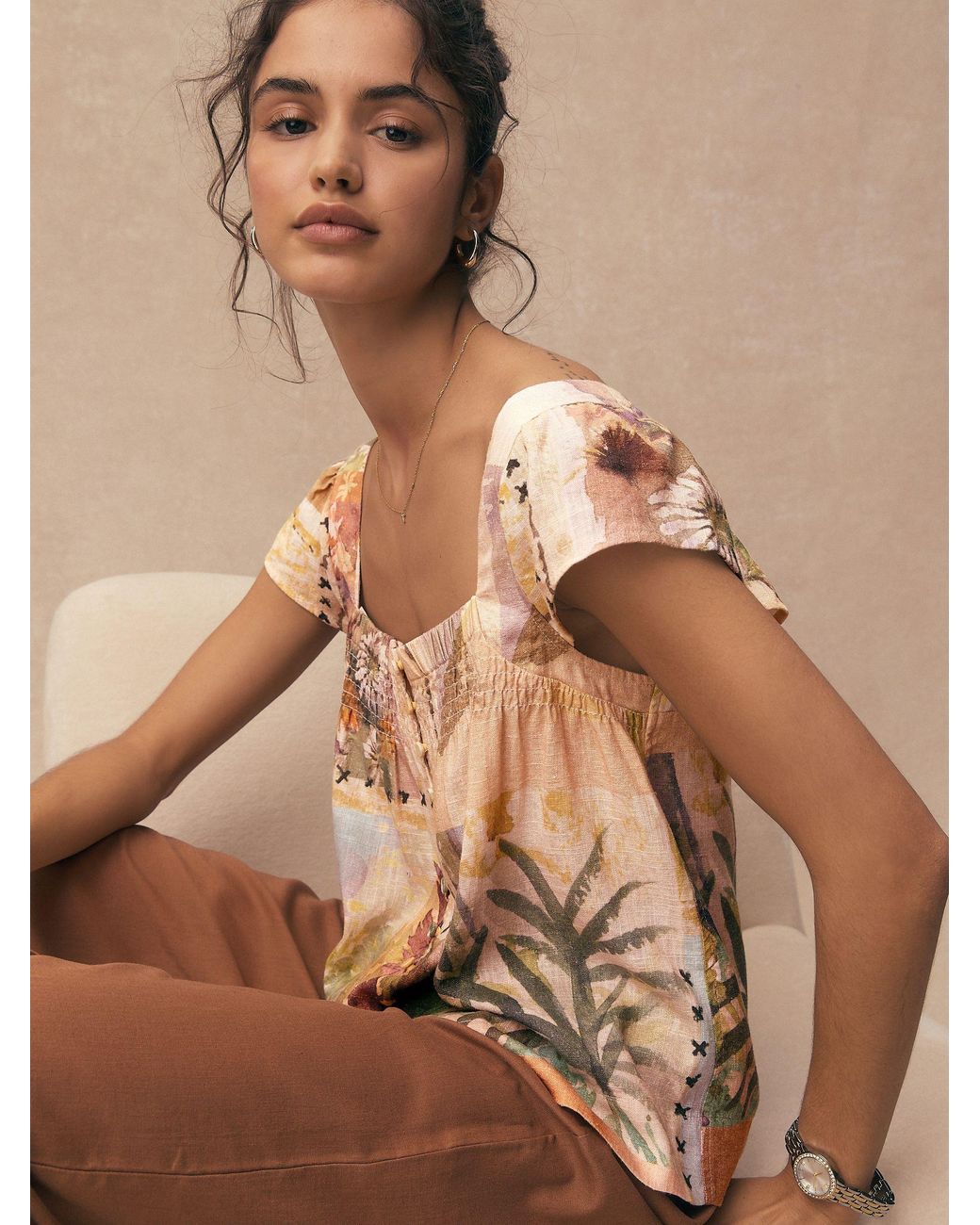 Next Natural Flutter Sleeve Button Front Top With Linen