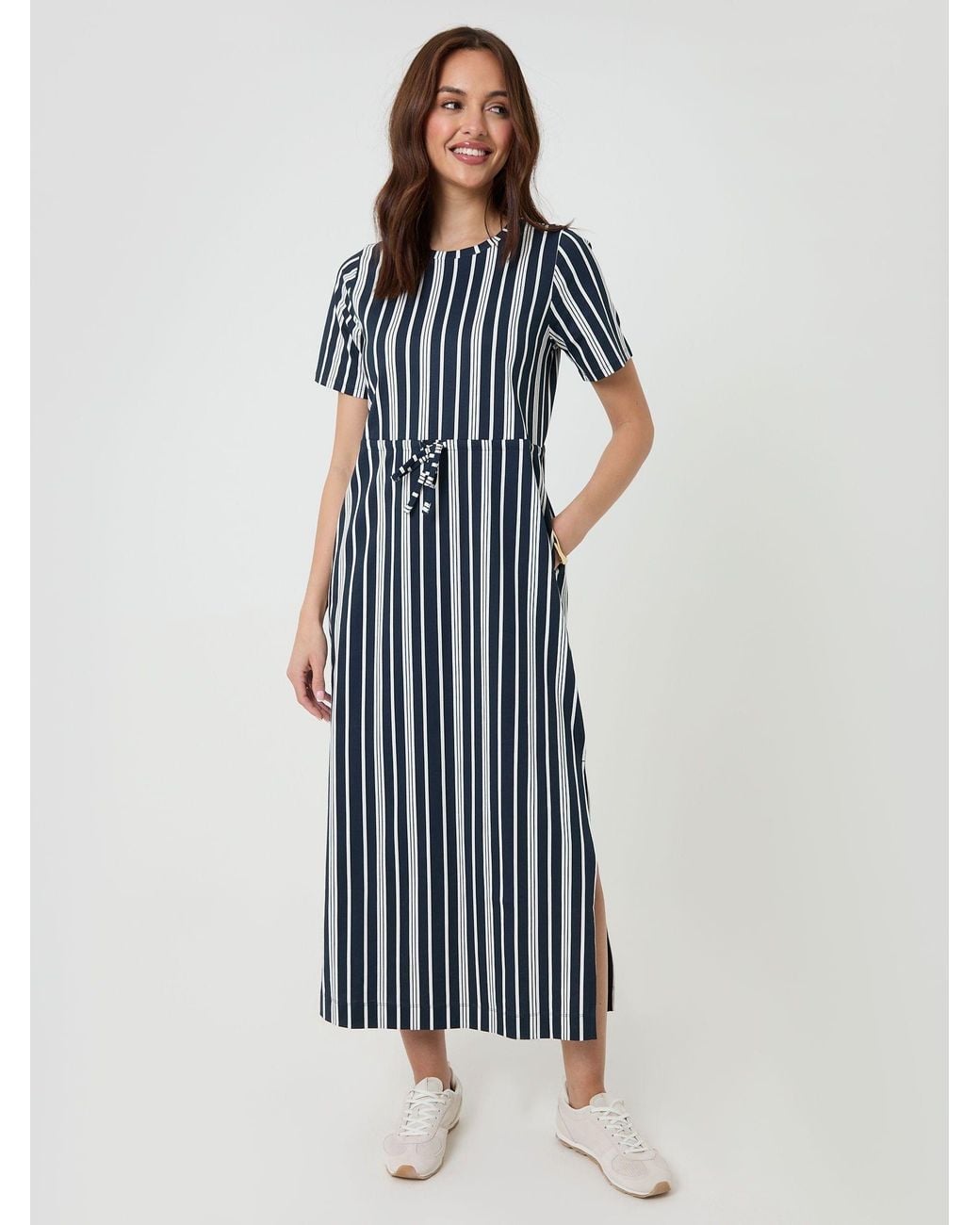 Threadbare Blue Drawstring Waist Side Split 100% Cotton Jersey Midi Dress