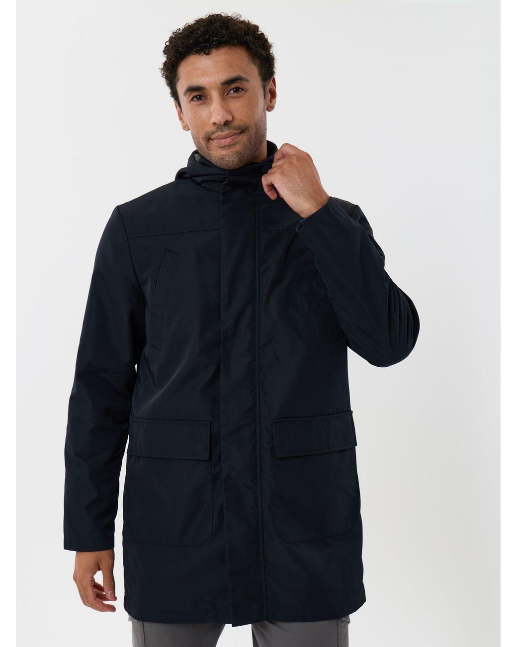 Threadbare Blue Showerproof Hooded Longline With Patch Pockets Jacket for men