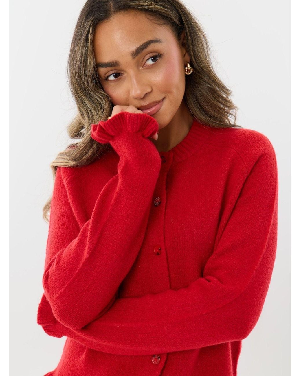 Threadbare Red Crew Neck Ruffle Cardigan