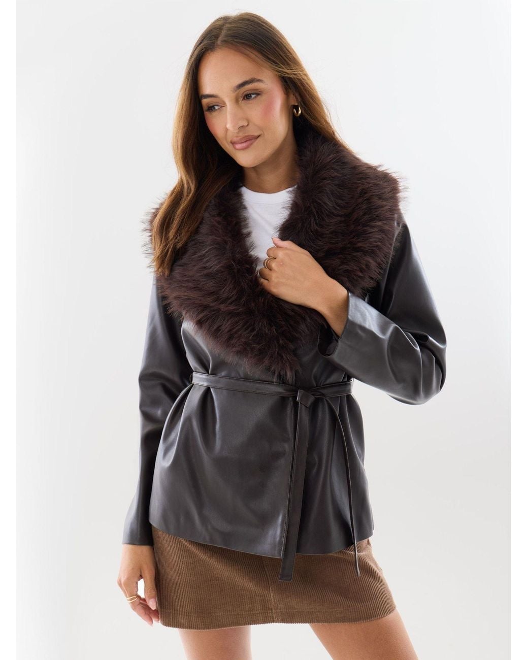 Threadbare Black Belted Faux Fur Collar Jacket