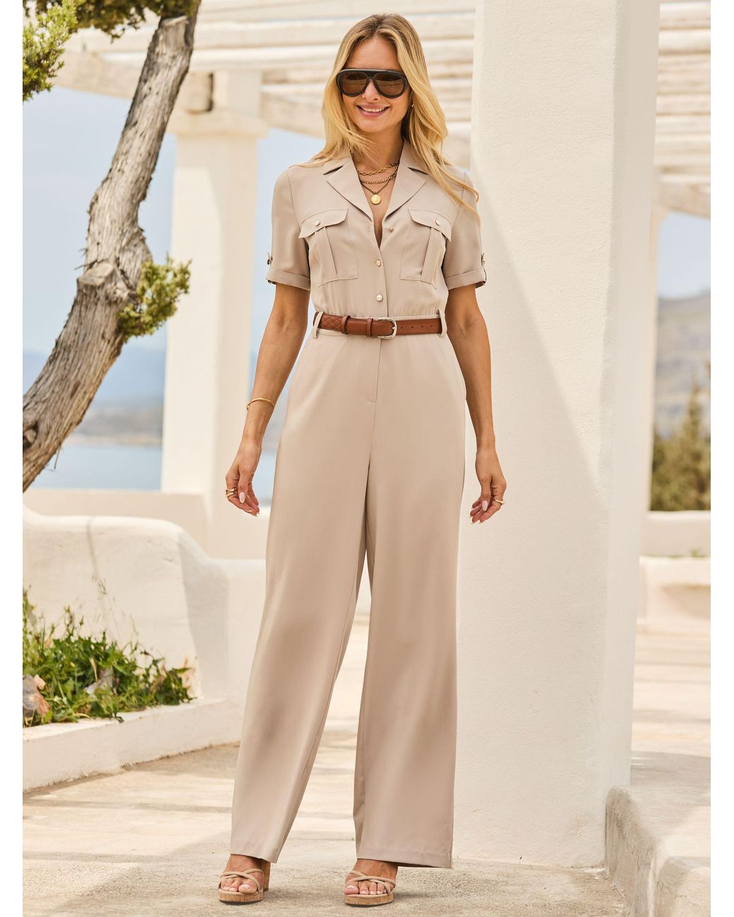 Sosandar Natural Belted Button Front Utility Jumpsuit