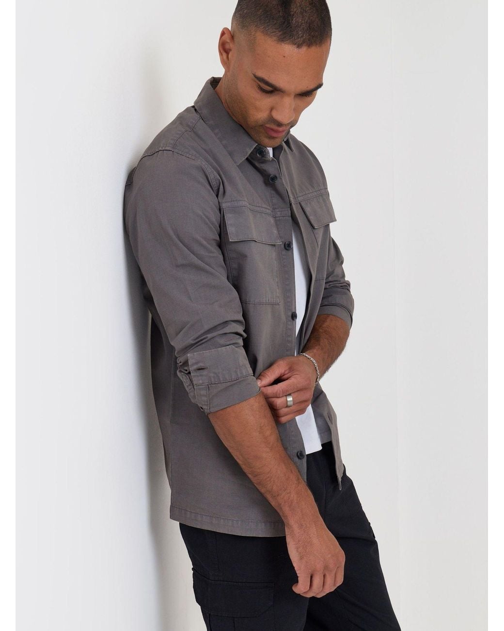 Threadbare Gray Cotton Patch Pocket Shacket for men