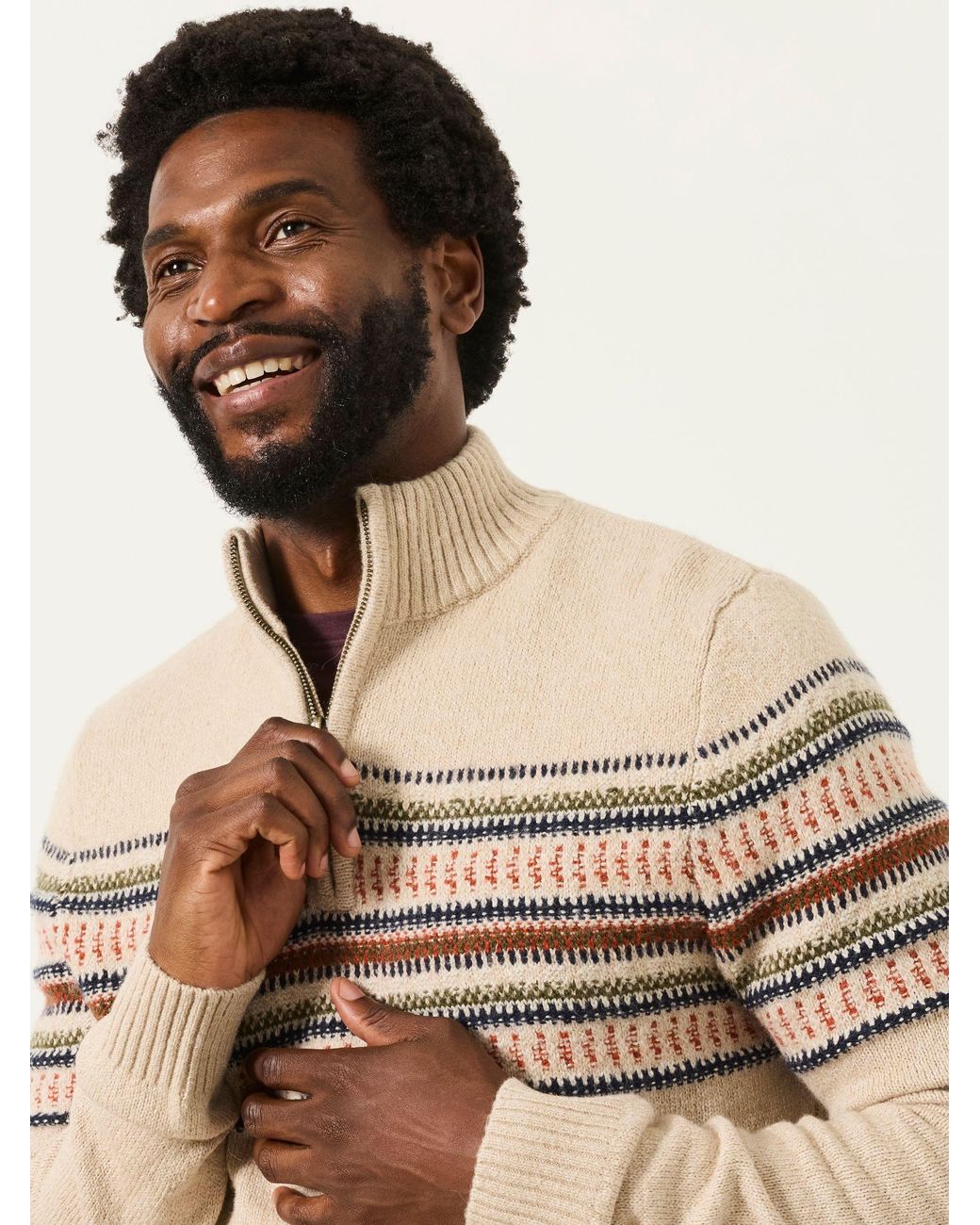 FatFace Natural Fatface Selkirk Light Pattern Quarter Zip Knitted Jumper for men