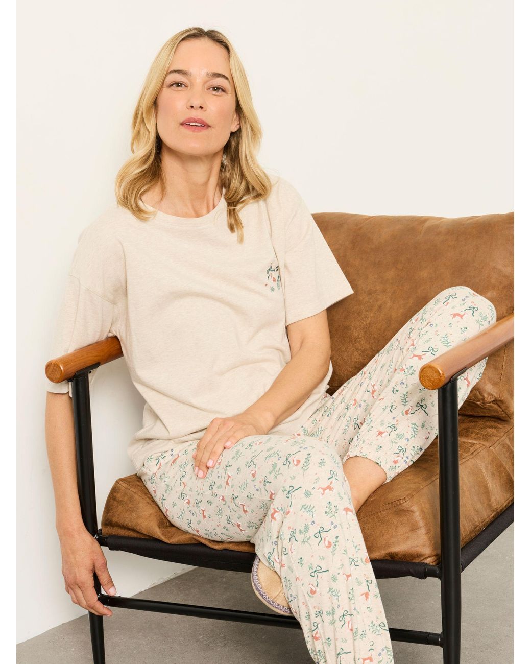 FatFace Natural Fox Print Cuffed Pyjama Bottoms