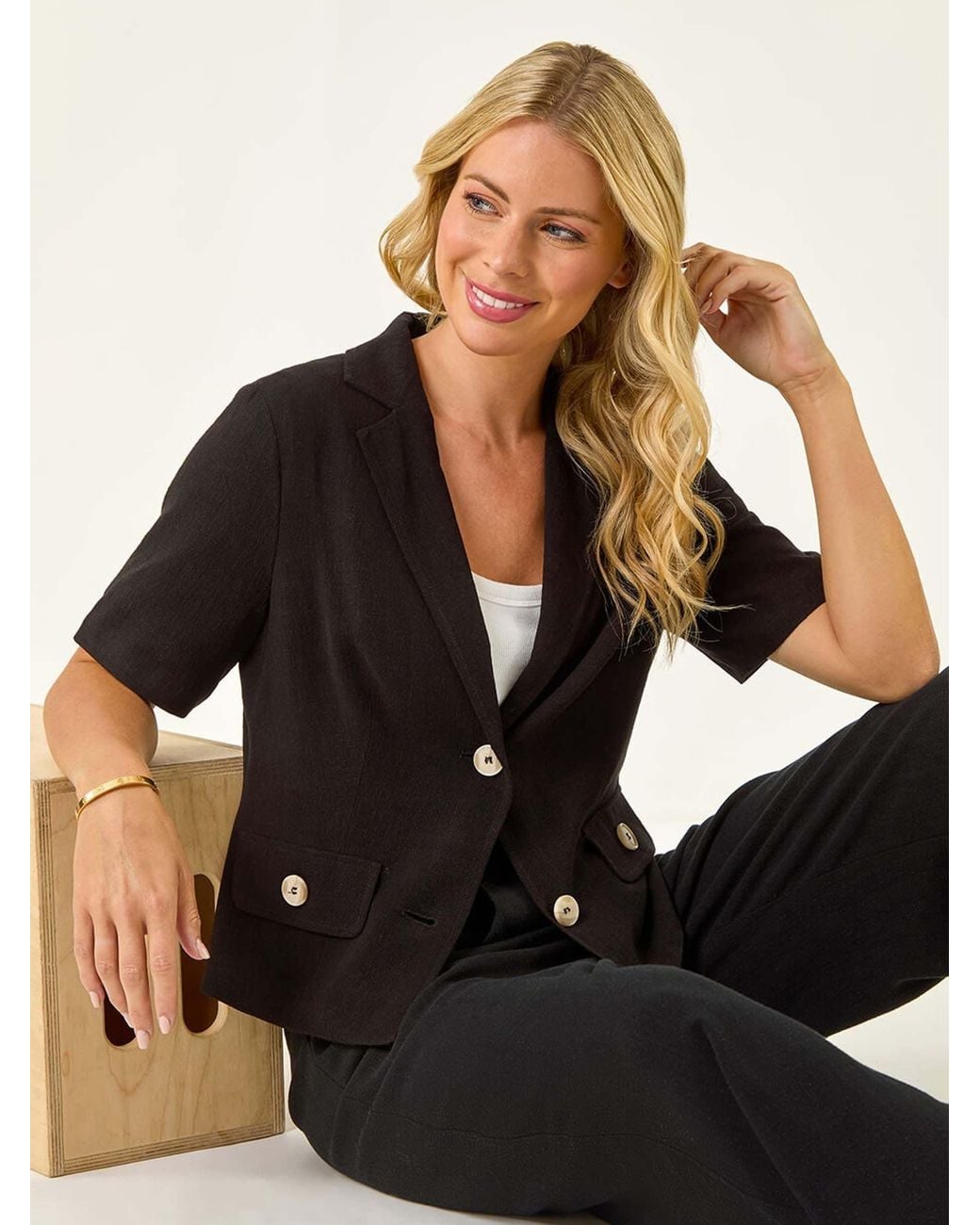 Roman Black Petite Linen Mix Buttoned Jacket