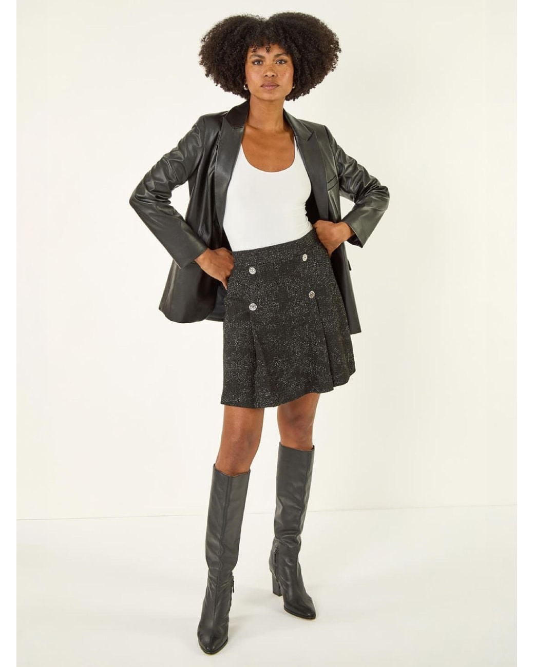 Roman Black Pleated Box Button Skirt