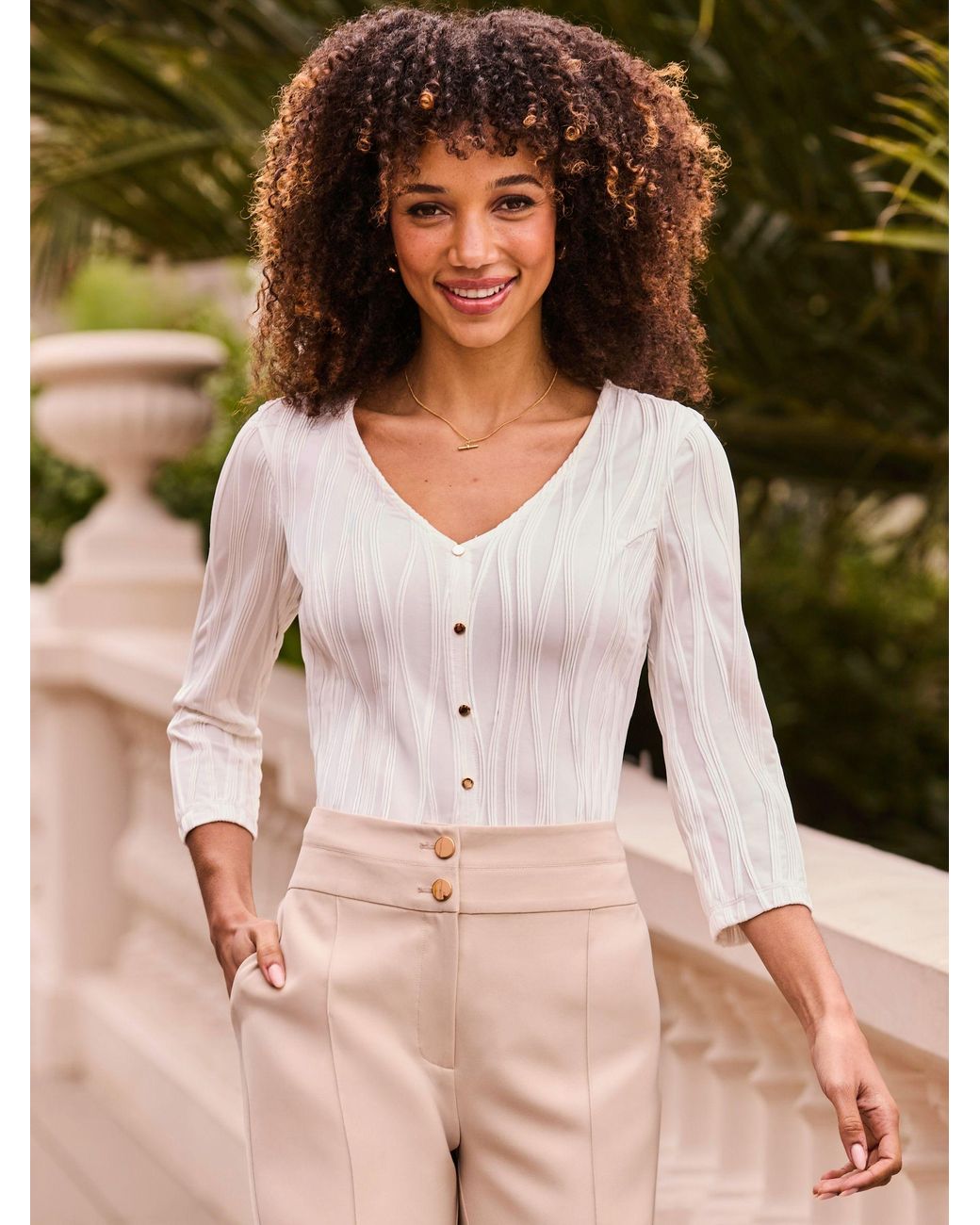 Sosandar White Wavy Texture Button Front Top