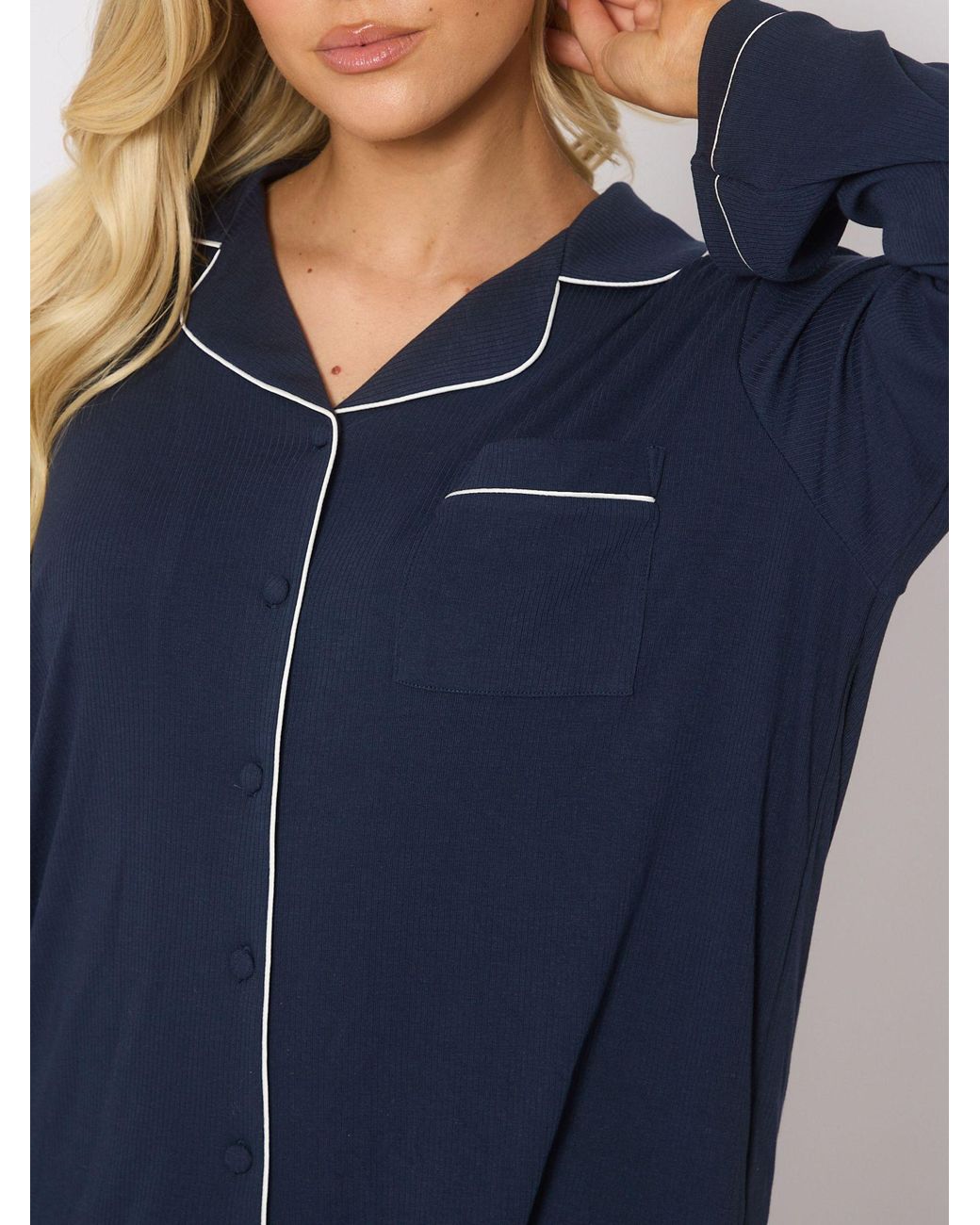 Loungeable Blue Trim Long Sleeve Soft Rib Button Through Pyjamas