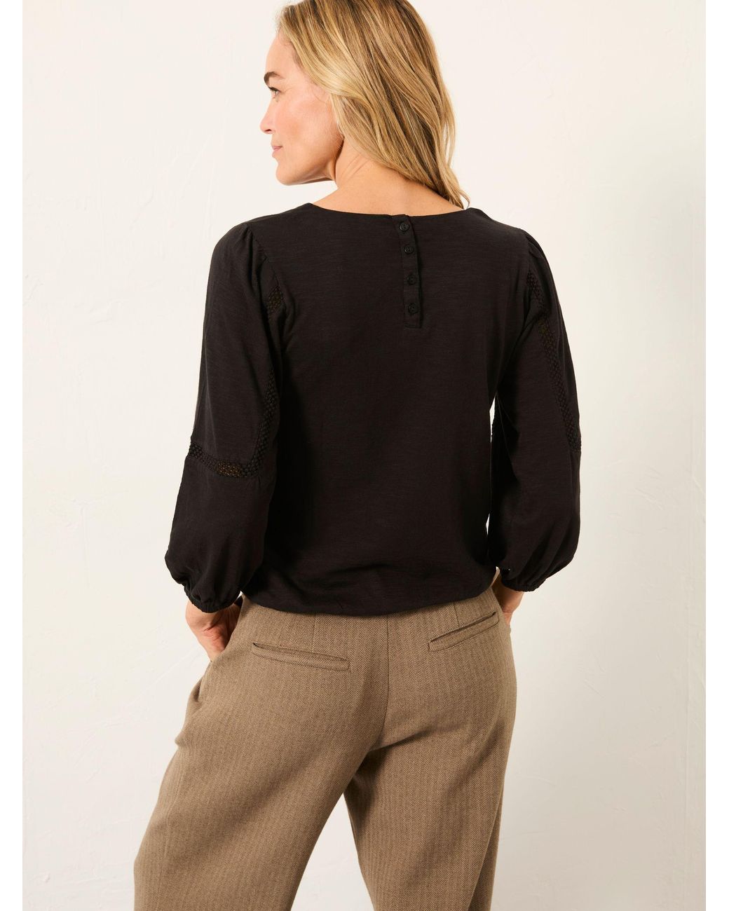 FatFace Black Cassie Broderie Round Neck Top