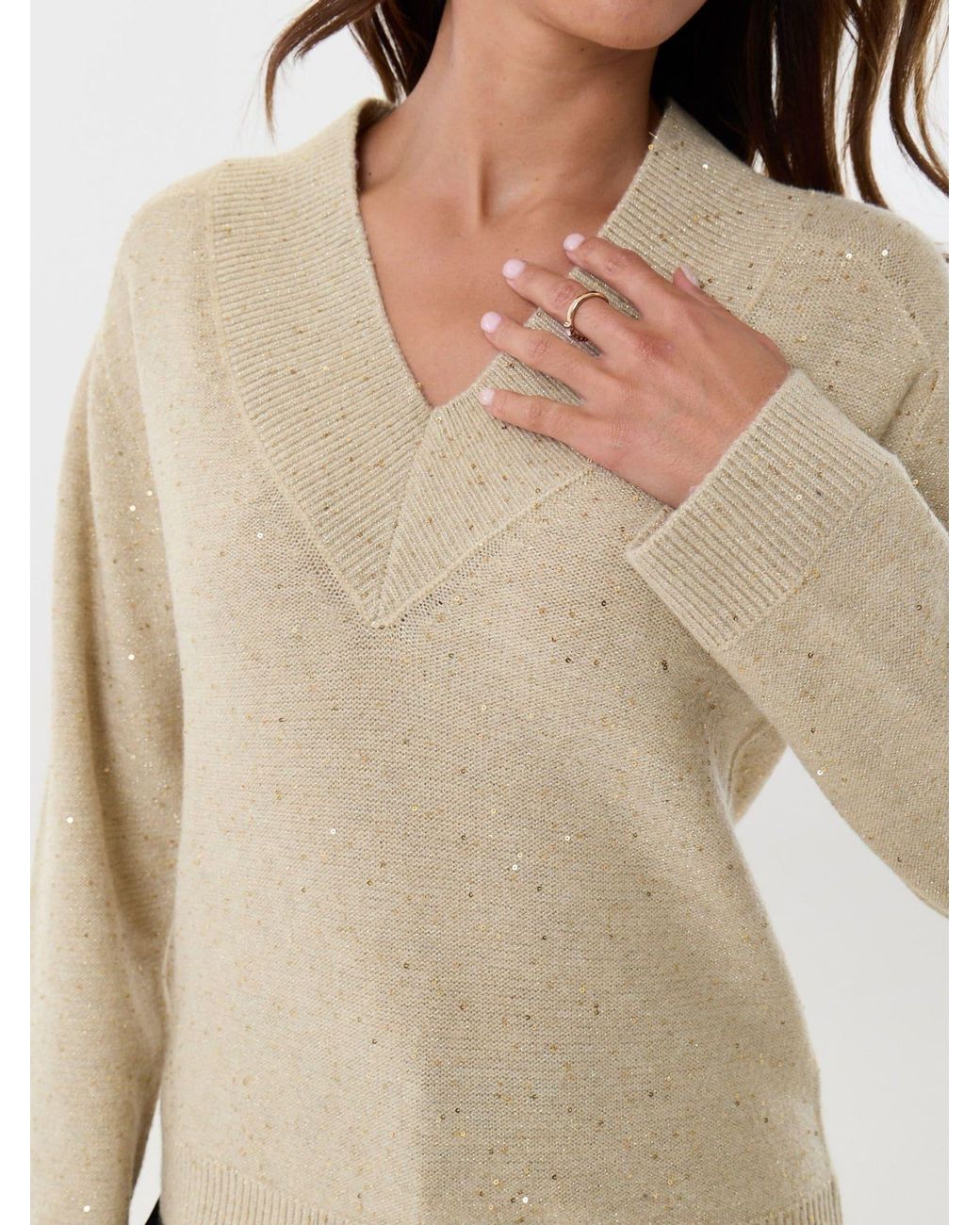 Threadbare Natural Sequin V-Neck Knitted Jumper